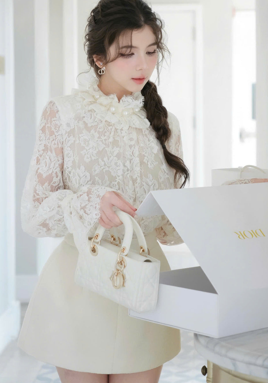 Pearl Neck Lace Top & Skirt Set