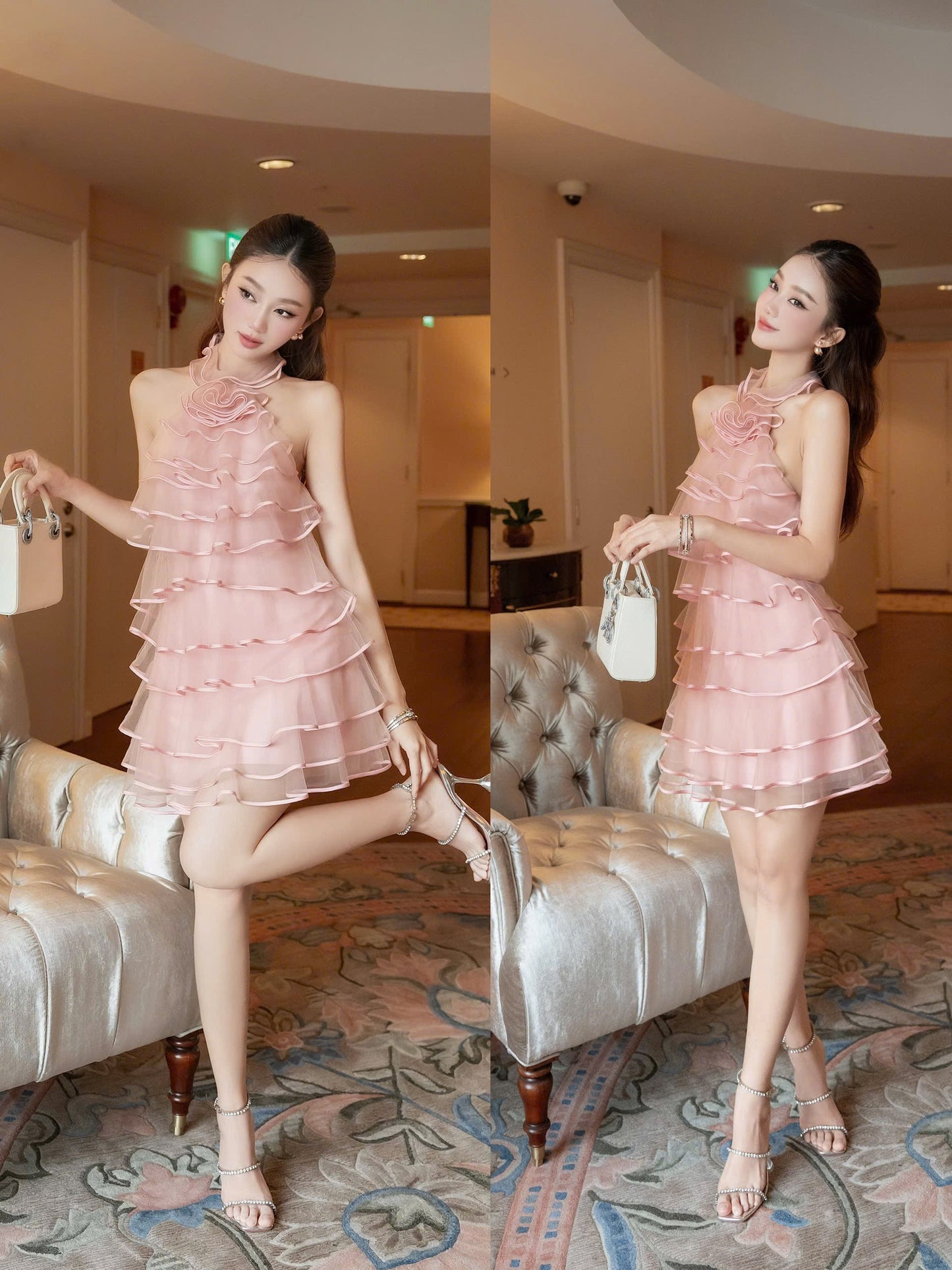 Backless Layer Flowe Neck Dress