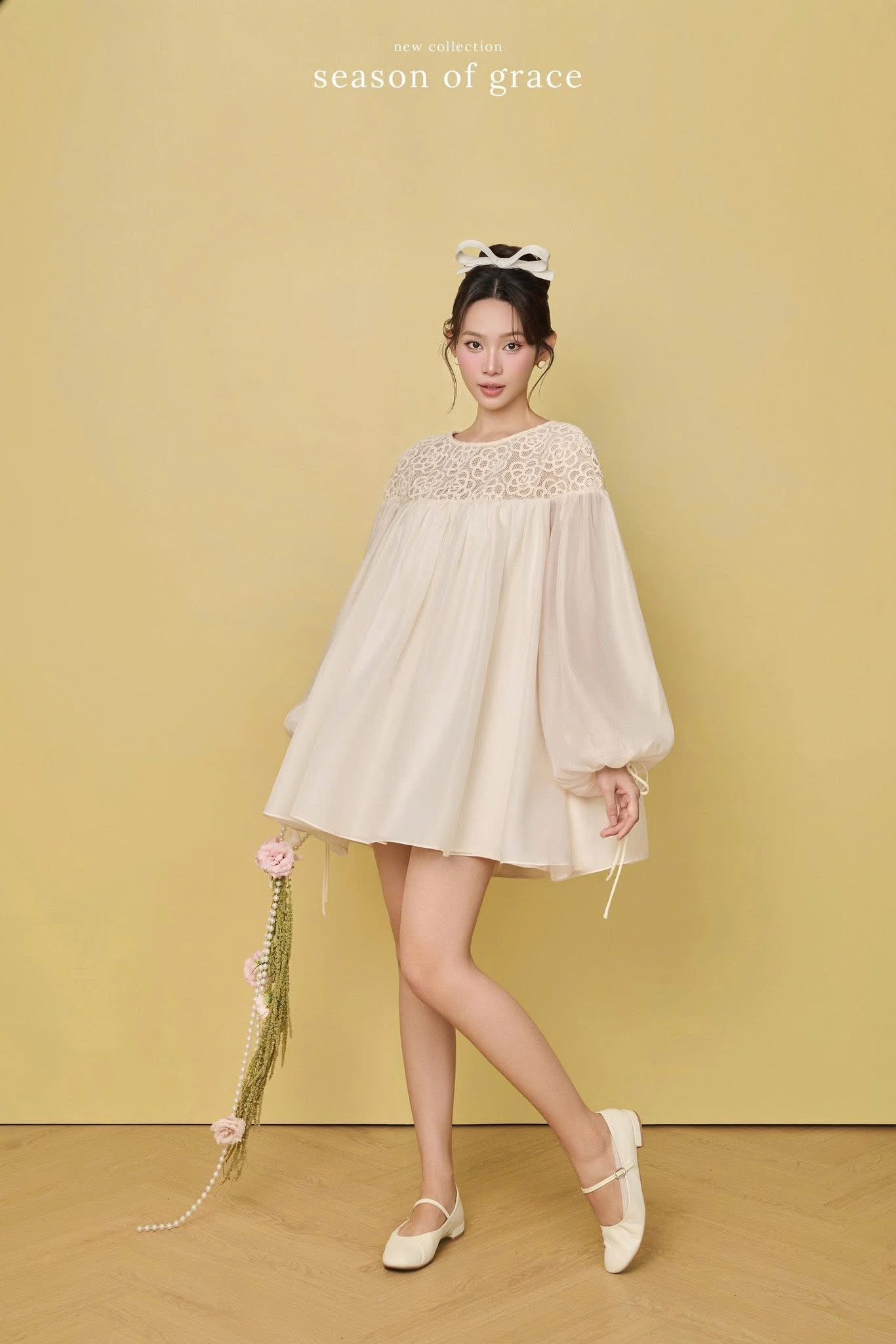 Babydoll Lace Floral Neck Dress