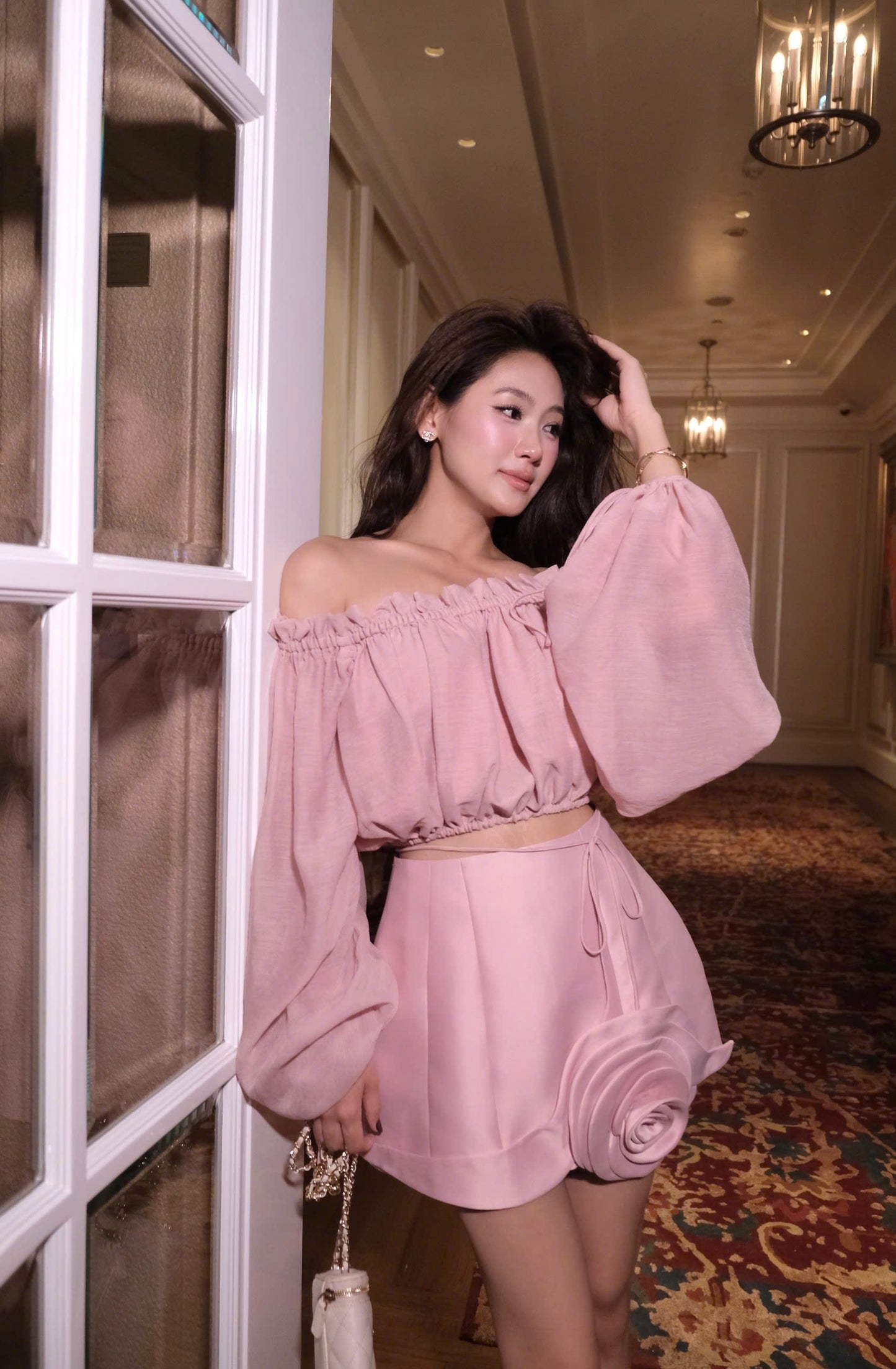 Open Shoulder Top & 3D Flower Front Skirt Set