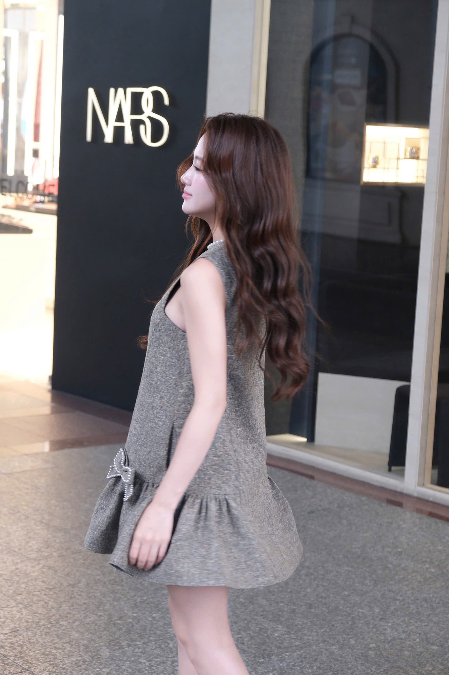 Pearl Neck Bow Front Babydoll Dress