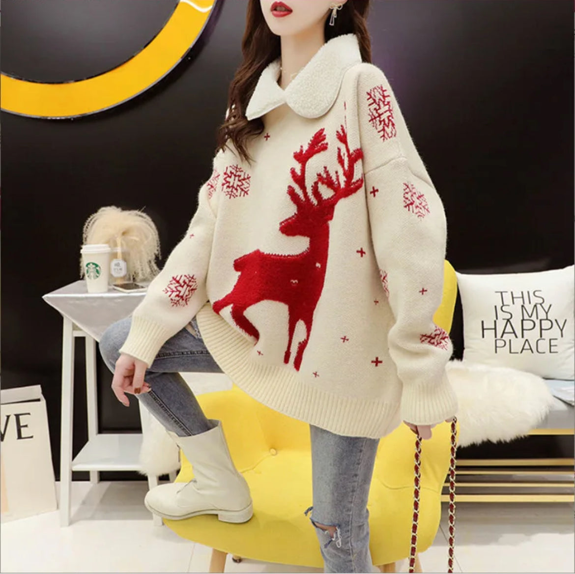 Polo Neck Batwing Sleeve Deep Print Christmas Sweater