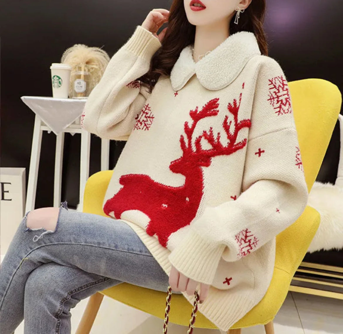Polo Neck Batwing Sleeve Deep Print Christmas Sweater