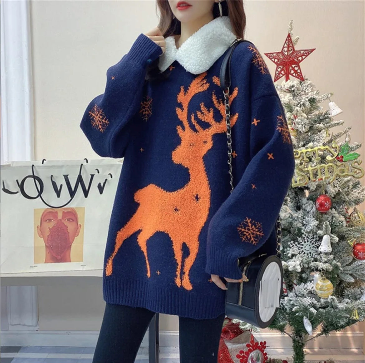 Polo Neck Batwing Sleeve Deep Print Christmas Sweater