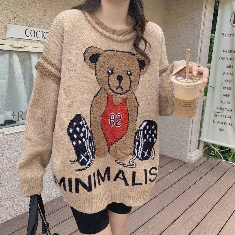 Round Neck Batwing Sleeve Cute Bear Knit Sweater