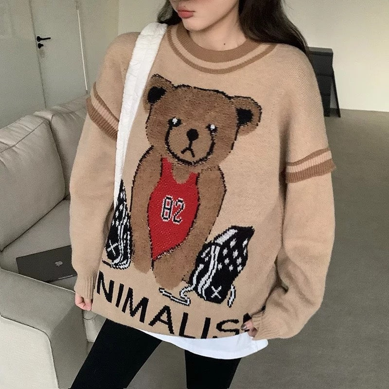 Round Neck Batwing Sleeve Cute Bear Knit Sweater
