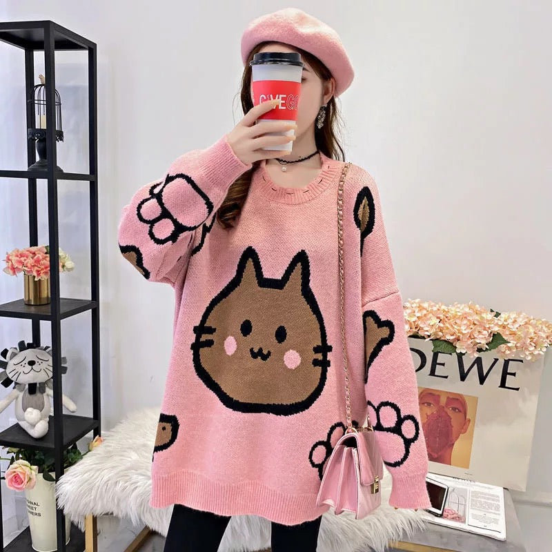 O Neck Batwing Sleeve Cute Bear Print Pullover Sweater