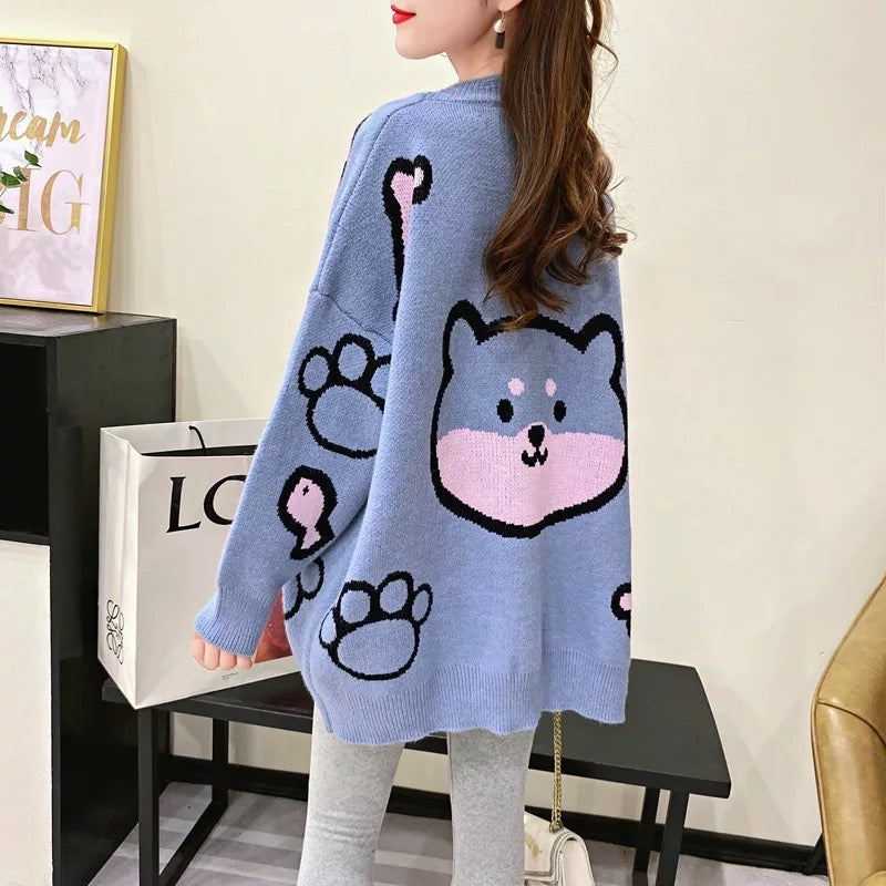 O Neck Batwing Sleeve Cute Bear Print Pullover Sweater