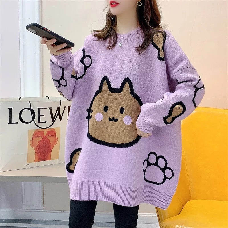 O Neck Batwing Sleeve Cute Bear Print Pullover Sweater
