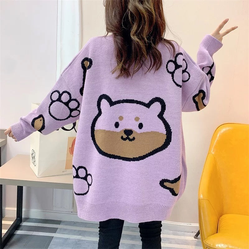 O Neck Batwing Sleeve Cute Bear Print Pullover Sweater