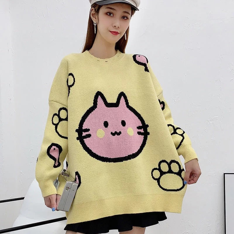 O Neck Batwing Sleeve Cute Bear Print Pullover Sweater