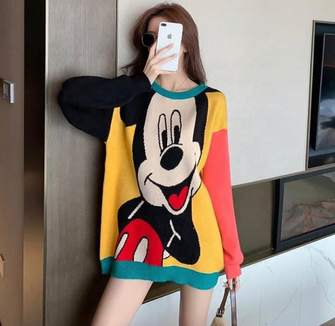 Western Style Cartoon Mouse Print Loose Sweater