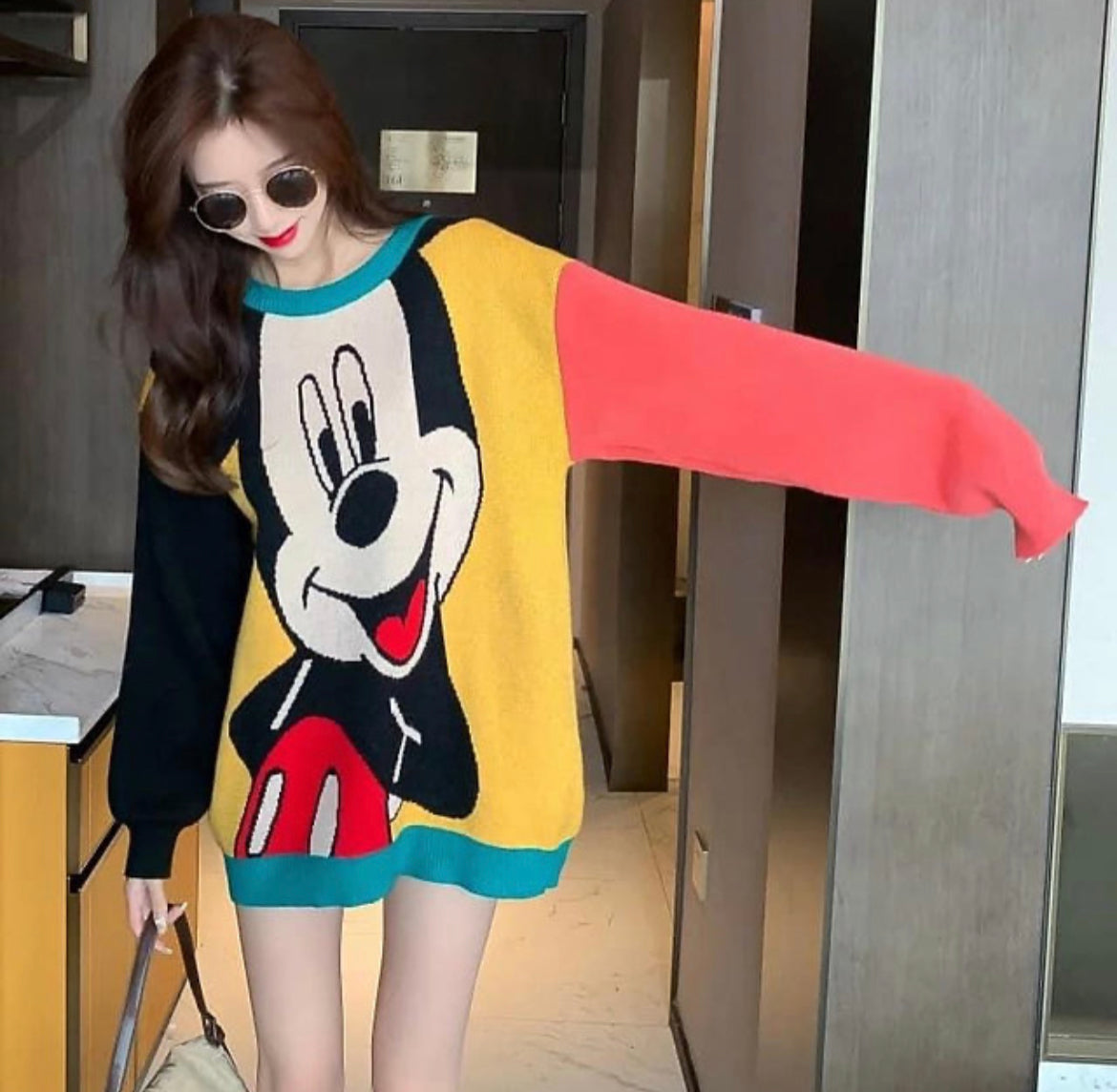 Western Style Cartoon Mouse Print Loose Sweater