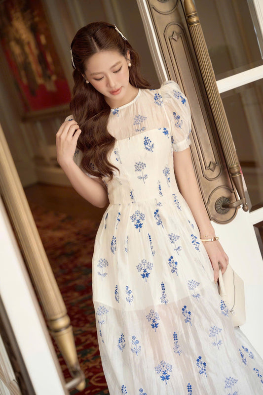 Blue Flower Pattern Long Dress