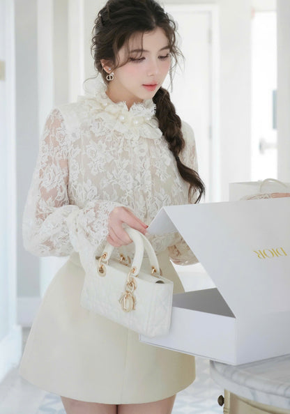 Pearl Neck Lace Top & Skirt Set