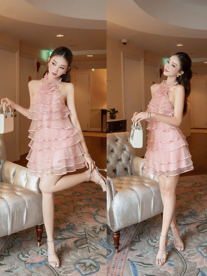 Backless Layer Flowe Neck Dress