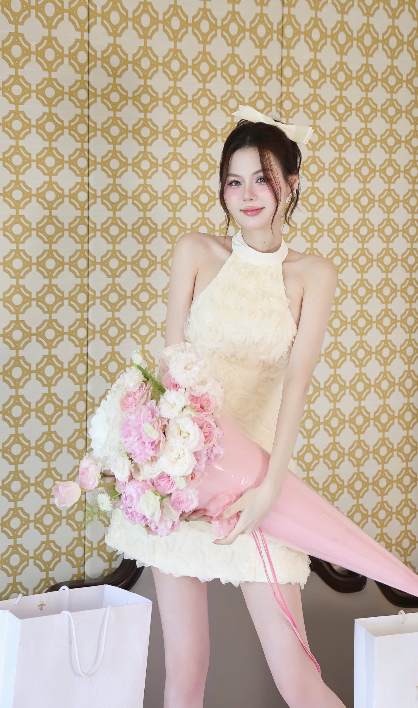 3D Flower Pattern Open Back Dress