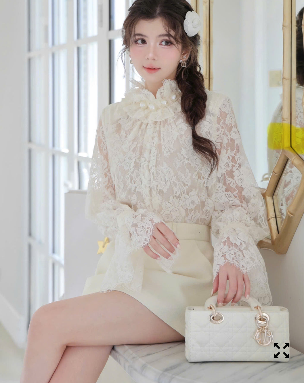 Pearl Neck Lace Top & Skirt Set