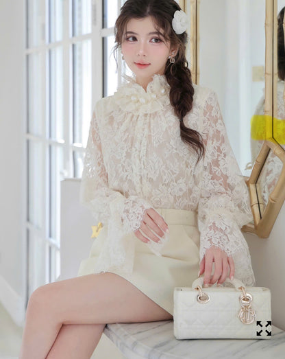 Pearl Neck Lace Top & Skirt Set