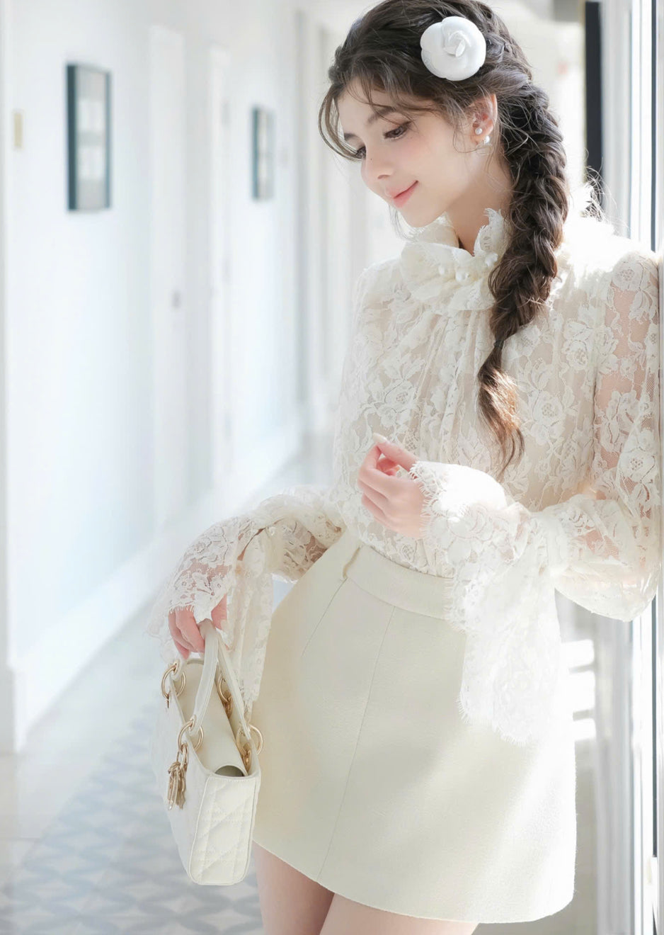Pearl Neck Lace Top & Skirt Set