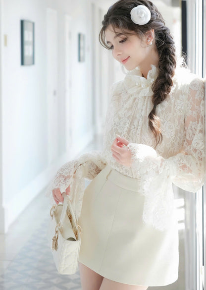 Pearl Neck Lace Top & Skirt Set