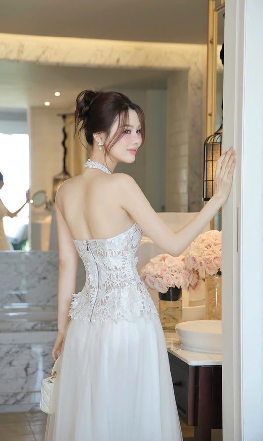Backless Flower Lace Blouse & Long Skirt