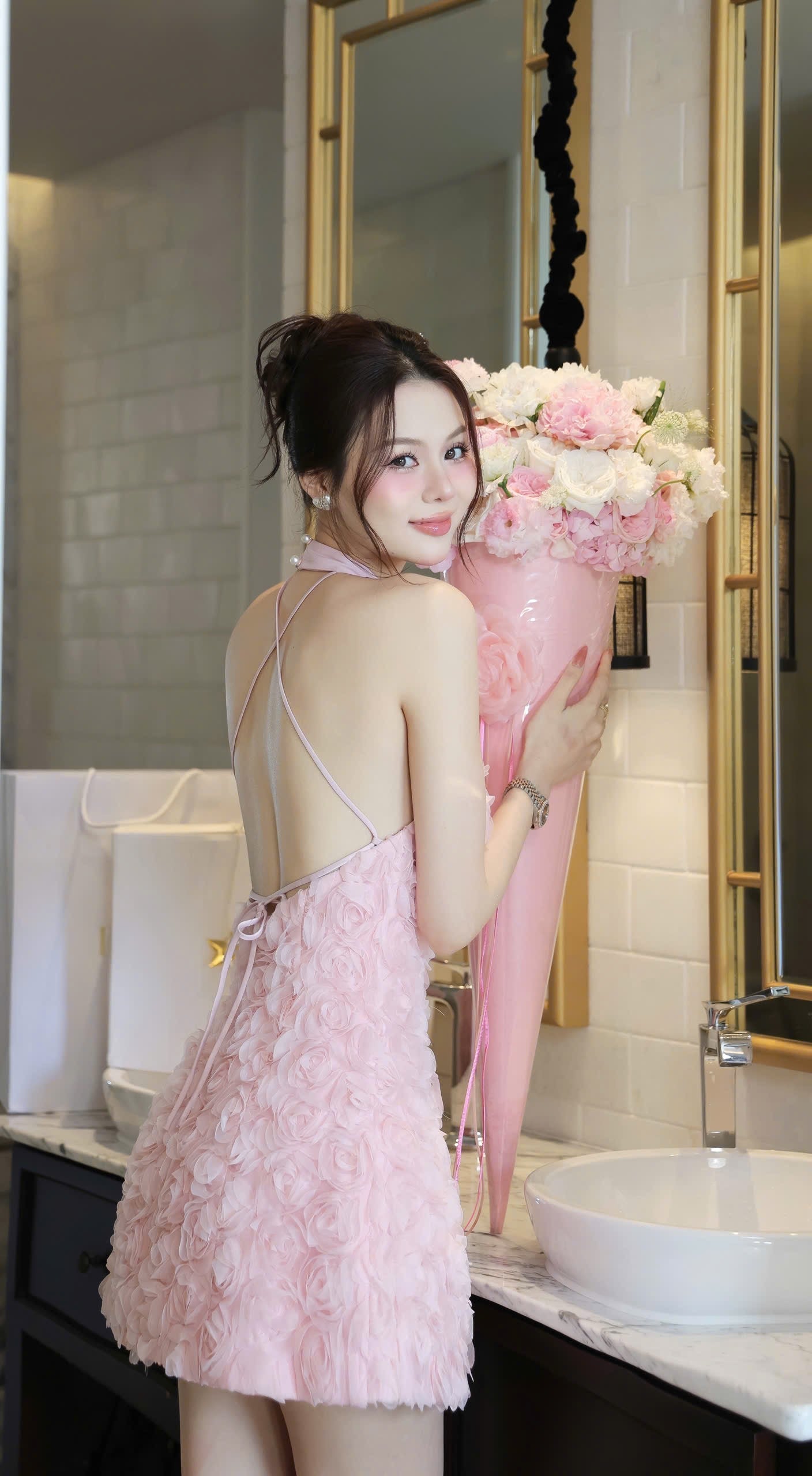 3D Flower Pattern Open Back Dress