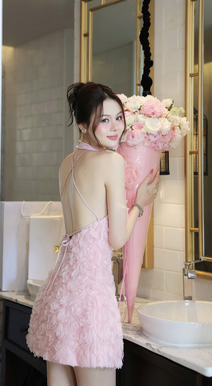 3D Flower Pattern Open Back Dress