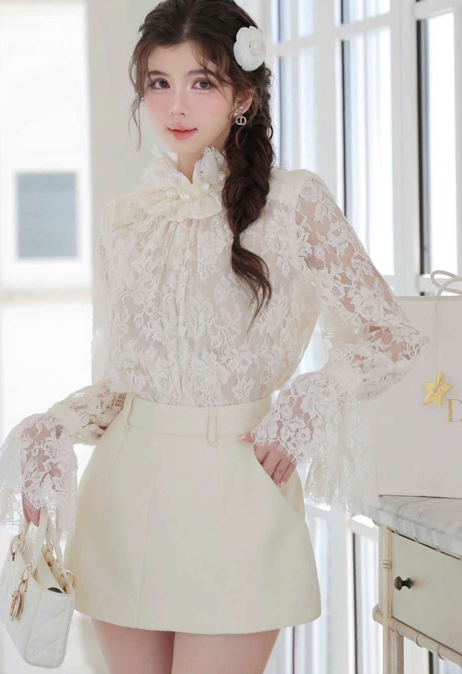 Pearl Neck Lace Top & Skirt Set