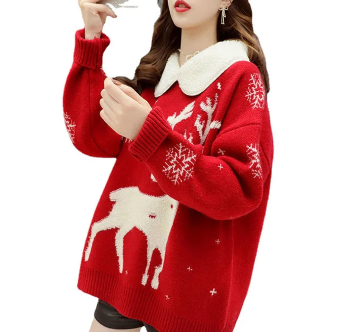 Polo Neck Batwing Sleeve Deep Print Christmas Sweater