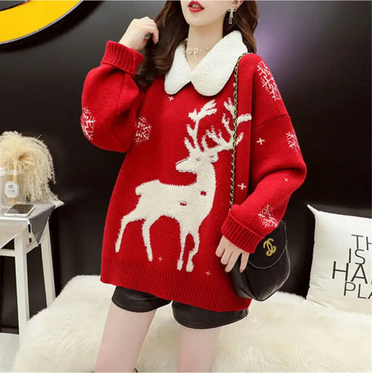 Polo Neck Batwing Sleeve Deep Print Christmas Sweater