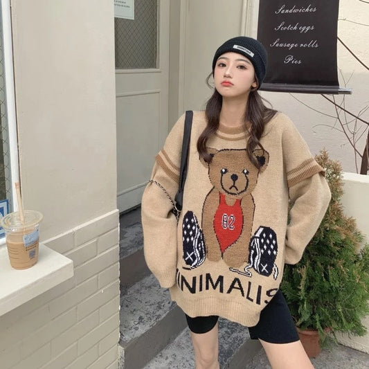 Round Neck Batwing Sleeve Cute Bear Knit Sweater