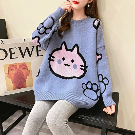 O Neck Batwing Sleeve Cute Bear Print Pullover Sweater