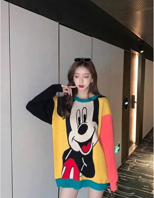 Western Style Cartoon Mouse Print Loose Sweater